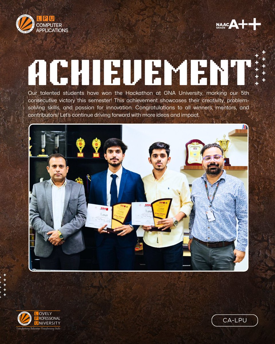 LPUComputerApp's tweet image. Proud moment! Our students won 1st place at the GNA University Hackathon — our 5th consecutive victory this semester! 🔥
Kudos to the winners and mentors! 🚀
#SCALPU #Hackathon #StudentAchievement #Innovation #LPUPride