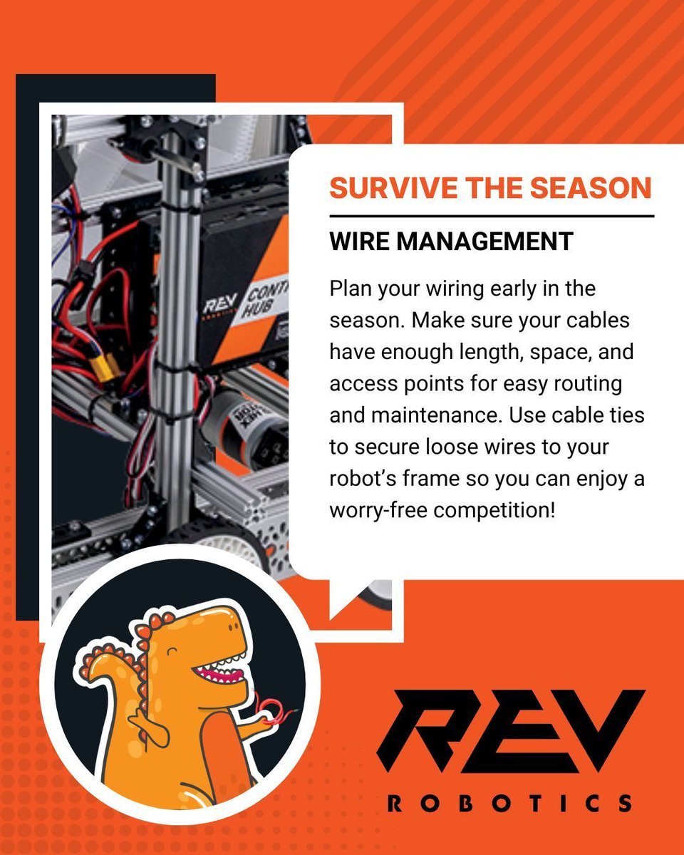 REVrobotics's tweet image. T-REV has a hot tip for making sure your robot survives the season: wire management!

Not sure where to get started? Check out our 2025-26 FTC Starter Bot! docs.revrobotics.com/ftc-kickoff-co… 

#REVRobotics #STEMEducation #robotics #firsttechchallenge #roboticseducation