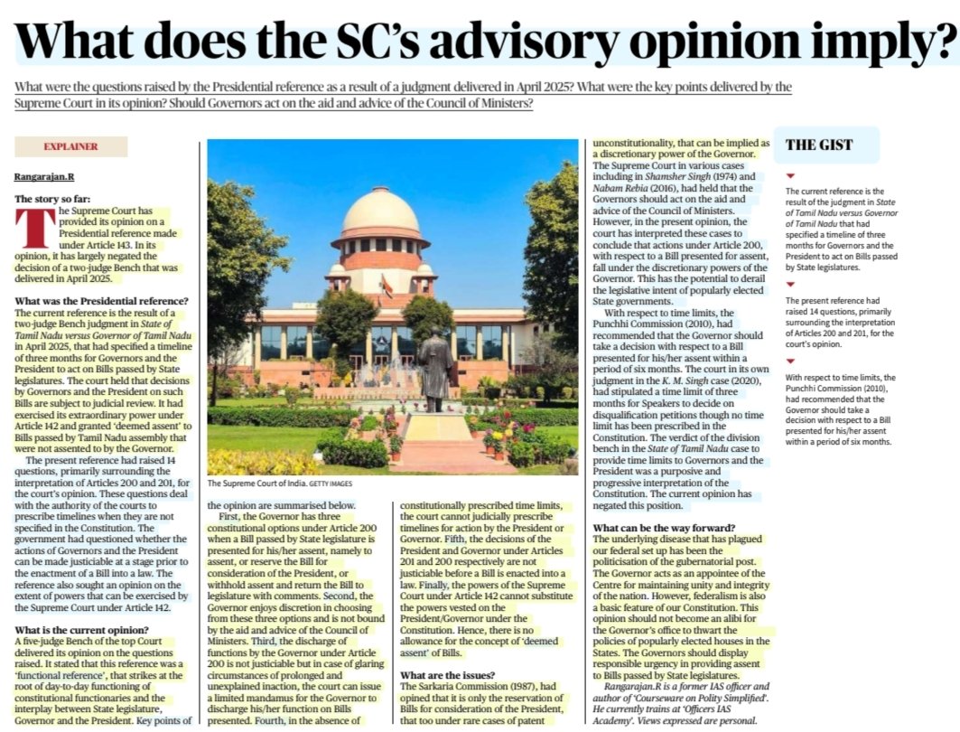 imRavikantYadav's tweet image. What does the SC&apos;s advisory opinion imply?

:An informative article by Rangarajan Sir
@rangarajan_ias

#SupremeCourtofIndia #AdvisoryOpinion
#PresidentialReference #FunctionalReference
#Governor #Bills 
#DeemedAssent
#Constitution #Judiciary #Legislature
#Polity 
#Law 

#UPSC