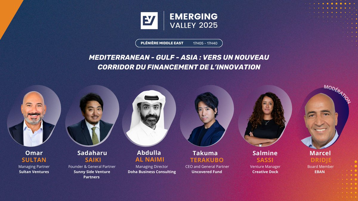 🌏 Plénière Middle East – “Mediterranean - Gulf - Asia : Vers un nouveau corridor du financement de l’innovation”

Un panel d’investisseurs et d’experts internationaux explore les opportunités et les dynamiques du financement de l’innovation à l’échelle euro-méditerranéenne et