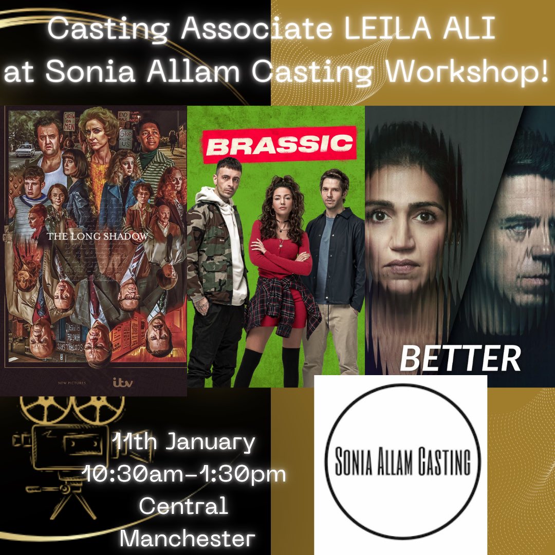 🎬Casting Associate LEILA ALI - TV/Film Workshop!!
•
⭐️Credits: ‘Brassic’ (Sky One), ‘Better’ (BBC), ‘The Long Shadow’ (ITV)
•
⏳11th January 10:30am-1:30pm
📍Central MANCHESTER
•
w/ <a href="/LeilaAliCasting/">Leila Ali</a> 
•
📕BOOK NOW!➡️ rollingacademy.co.uk/workshops/p/le…