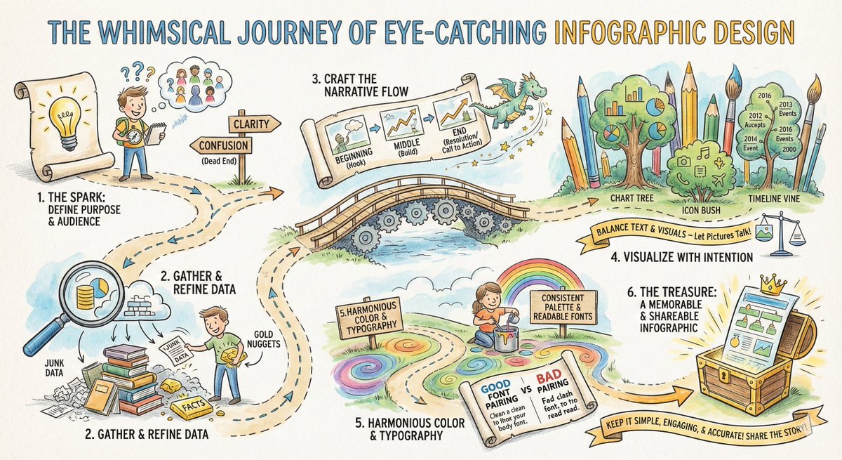kidtsang's tweet image. From the &quot;Spark&quot; of an idea to the final &quot;Treasure&quot; in the chest! 🏴‍☠️✨ Designing an infographic isn&apos;t just about making things pretty; it&apos;s about mining for data gold and building a narrative bridge. Here is your roadmap to visual storytelling. 🗺️ #Infographic #DataViz…