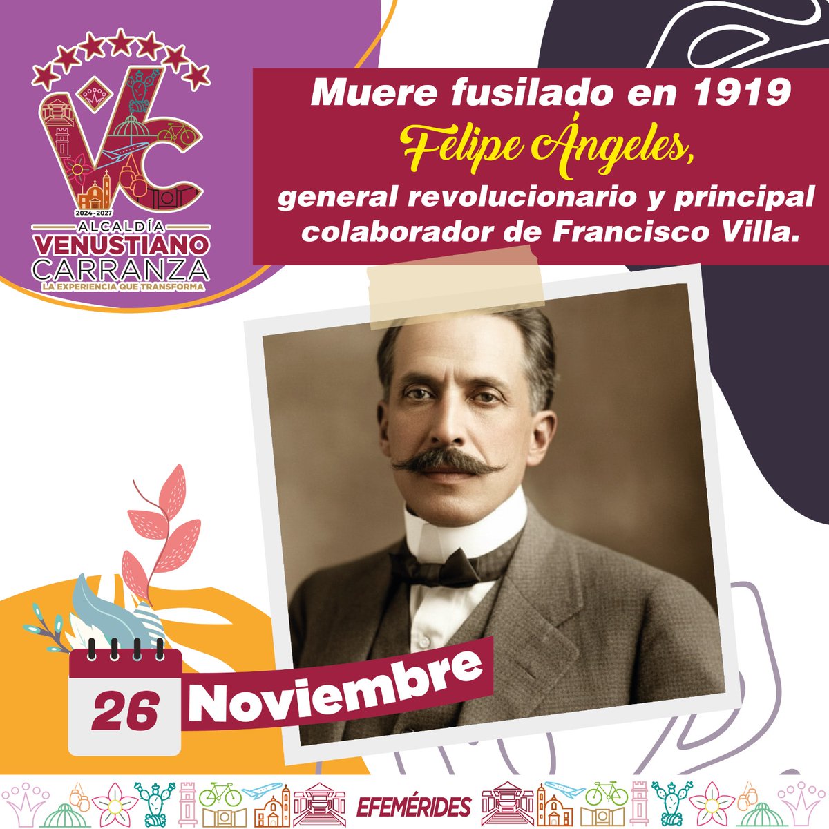 26 de noviembre | Hoy recordamos al General Felipe Ángeles, estratega militar de la Revolución Mexicana, quien fue fusilado en 1919. Su legado de valentía y profundo compromiso con la justicia social sigue siendo un referente en la historia de nuestro país.🇲🇽

#Efemérides