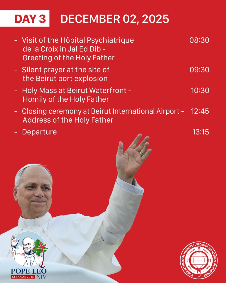 WPMFoundation's tweet image. لبنان بانتظار زيارة البابا ليون الرابع عشر من ٣٠ نوفمبر إلى ٢ ديسمبر بكل محبّة وأمل. انشالله حضوره ينوّر دربنا ويبلسم قلوب المقهورين ويزرع الرجا بقلوب المحزونين. أهلا وسهلا بابا السلام والوحدة قدومه بركة وسلامًا لوطننا الحبيب.  #PopeLeoInLebanon #vatican #WPF #شركة_ومحبة