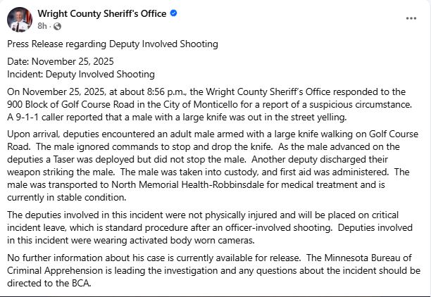 Thank you to our Wright County Deputies for their quick response and for keeping our community safe. They take these risks every day, and we sincerely appreciate them.