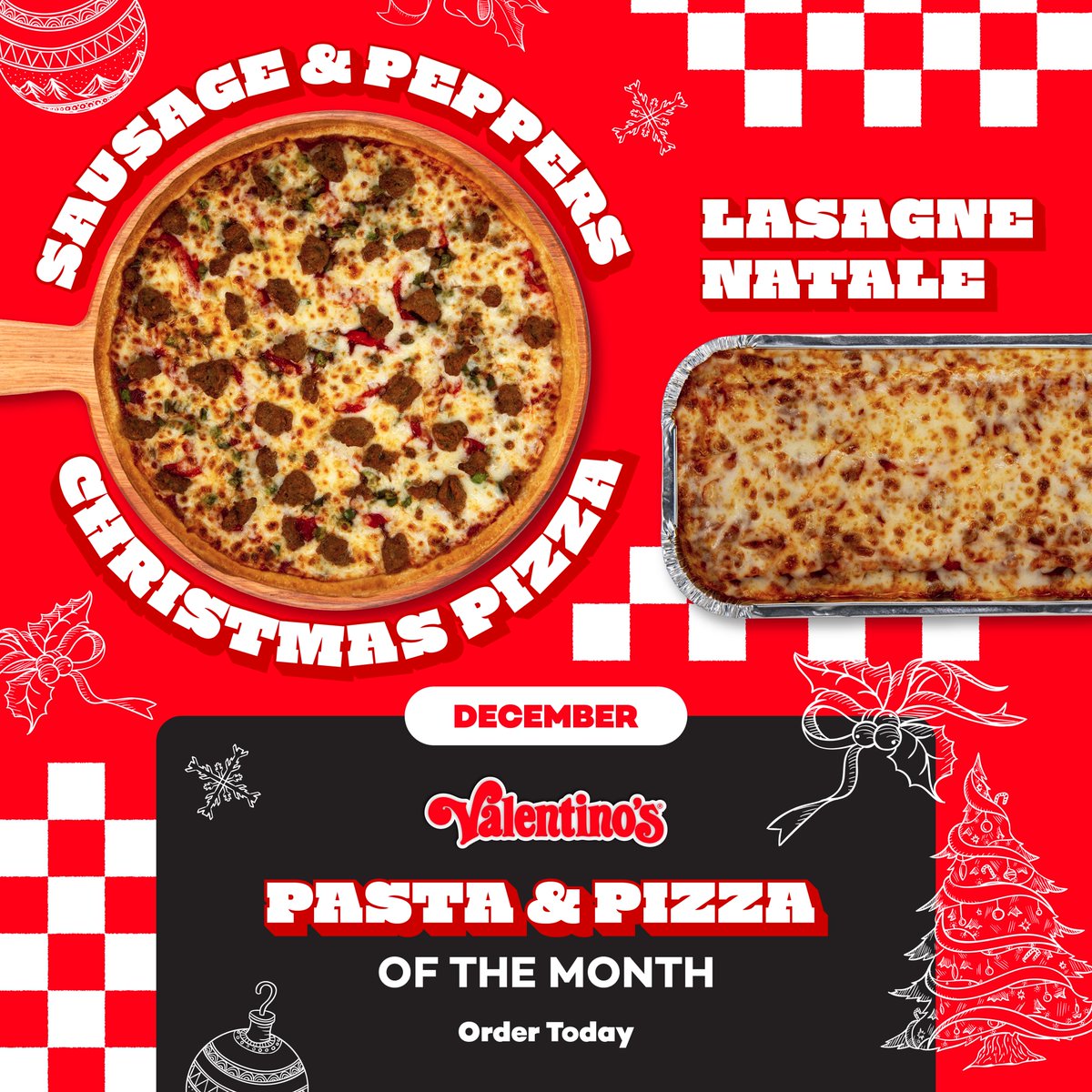 valentinospizza's tweet image. Have you tried the pizza and pasta of the month? 🍕

Your next meal isn't complete without Lasagne Natale or our Sausage &amp;amp; Peppers Christmas pizza! Enjoy layers of flavor that will delight every palate. 

Call, come in, or order online! 🎄✨

#valentinos #give #holiday #save