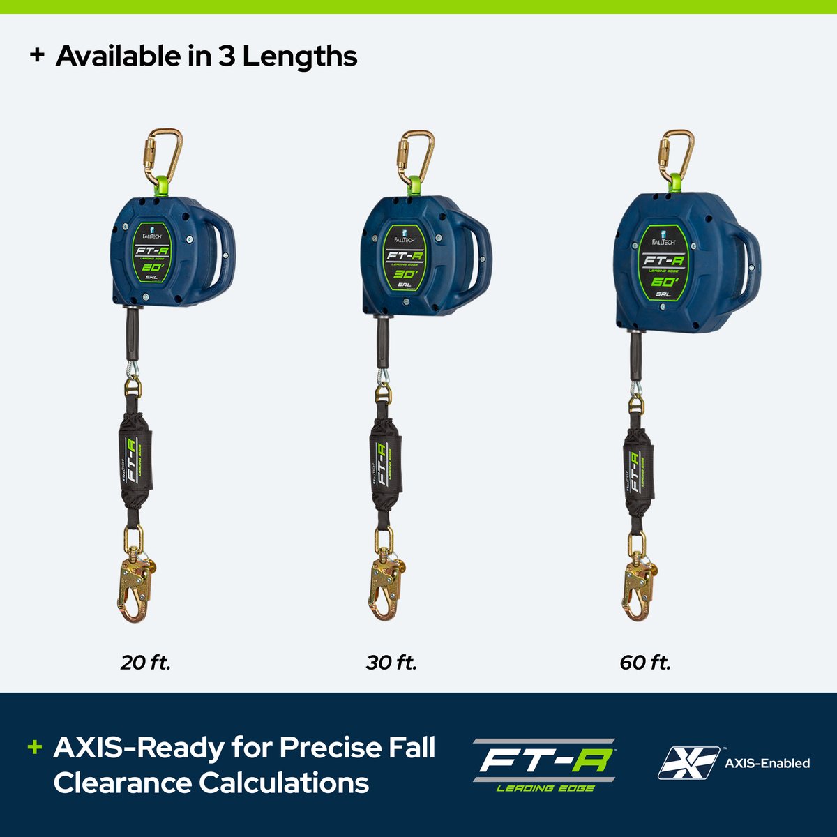 FallTechSafety's tweet image. Meet the FT-R Class 2 SRL—built for reliable protection at height. 
Available in 20, 30 &amp;amp; 60 ft, supporting up to 420 lbs with a compact shock pack and lightweight, durable housing. Anchor above, at, or 5 ft below your D-ring.
Learn more: falltech.com/ft-r #FallProtection