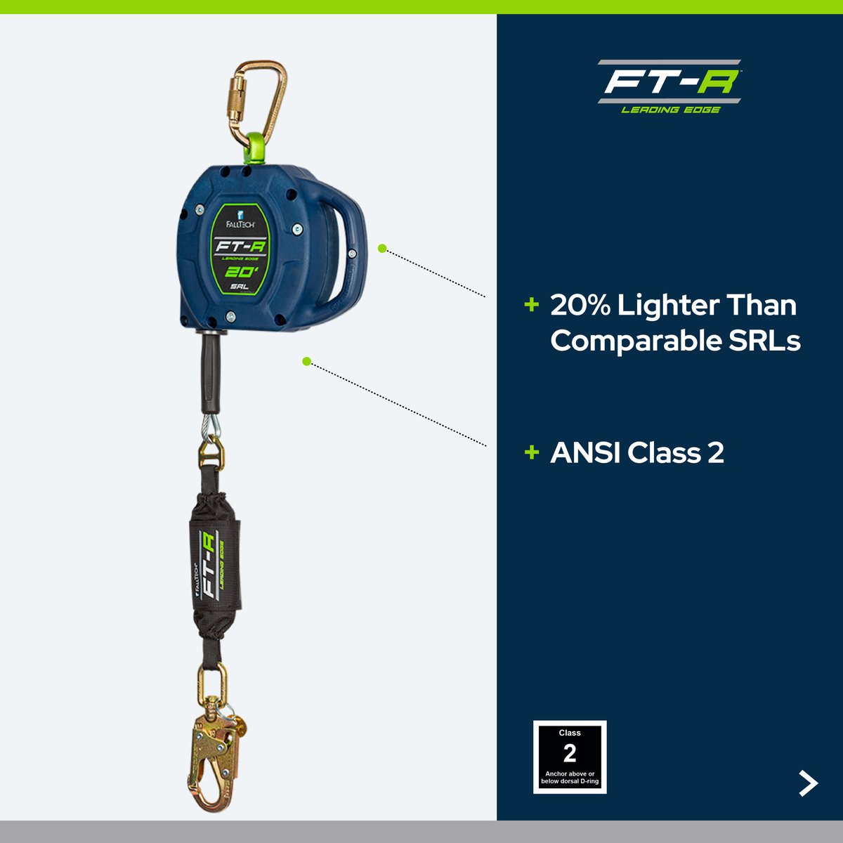 FallTechSafety's tweet image. Meet the FT-R Class 2 SRL—built for reliable protection at height. 
Available in 20, 30 &amp;amp; 60 ft, supporting up to 420 lbs with a compact shock pack and lightweight, durable housing. Anchor above, at, or 5 ft below your D-ring.
Learn more: falltech.com/ft-r #FallProtection