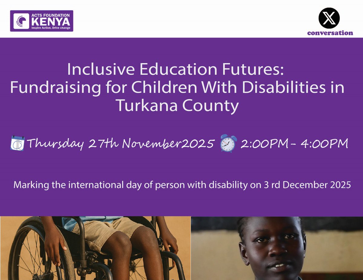 “🌍 Inclusive Education Futures! Join our X Space as we fundraise for 500 children with disabilities in Turkana. Let’s talk access, dignity &amp; real change. 🚀 #InclusionNow #Turkana” <a href="/ACTsFoundKE/">ACTs Foundation KE</a> <a href="/JahnetChela/">Janet Chelangat</a> <a href="/Ady_dave/">Dave_Ady</a> <a href="/benhaggaio/">Ben Haggai</a> <a href="/EpemJ/">Dr. epem esekon</a> <a href="/Ncpwds/">ncpwds</a>