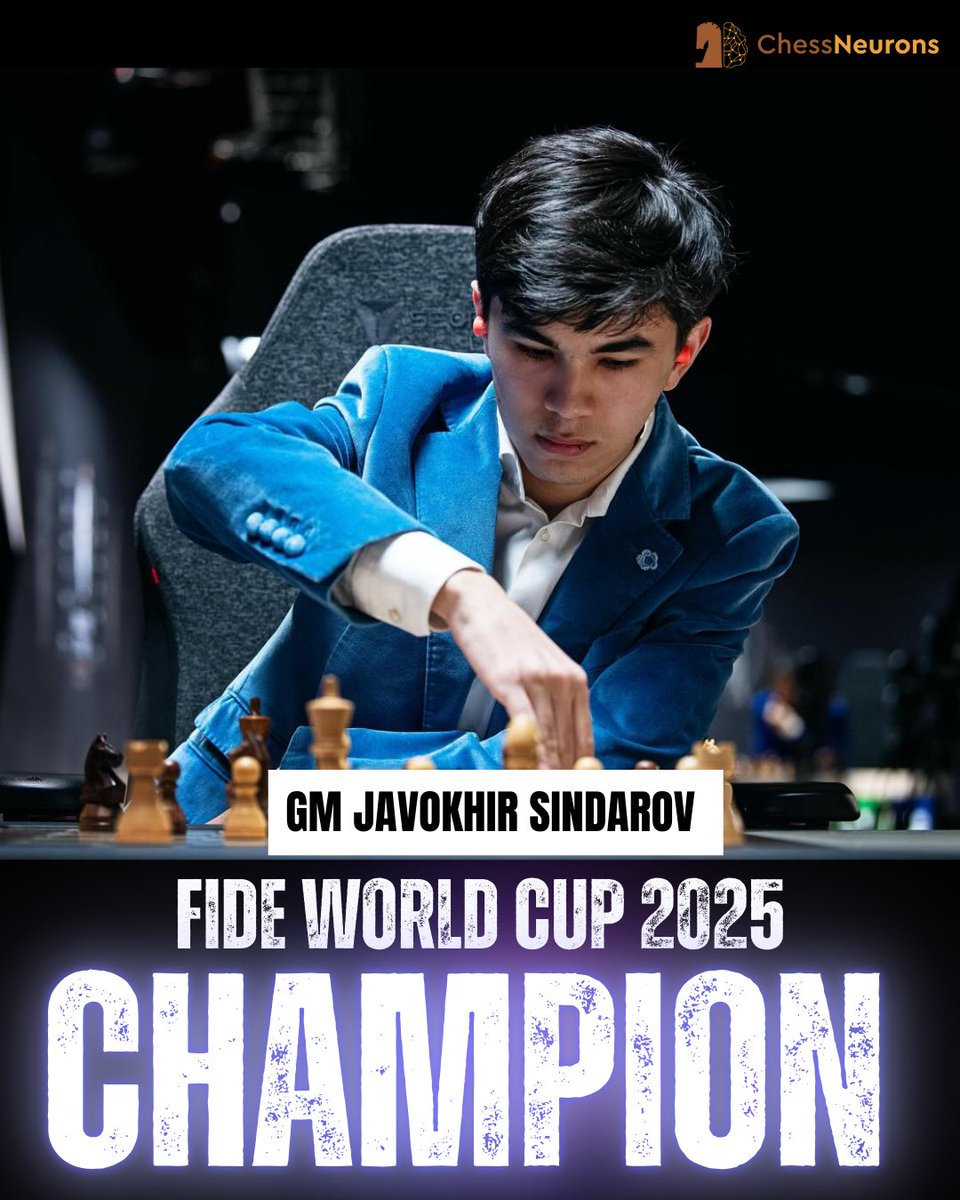 ChessNeurons's tweet image. Grandmaster Javokhir Sindarov  defeated GM Wei Yi in the finals of the FIDE World Cup to become the youngest ever Champion of FIDE World Cup!

A huge congratulations to Sindarov and his team on this outstanding success. 

#chess #champions #FIDEWorldCup2025 #javokhirsindarov
