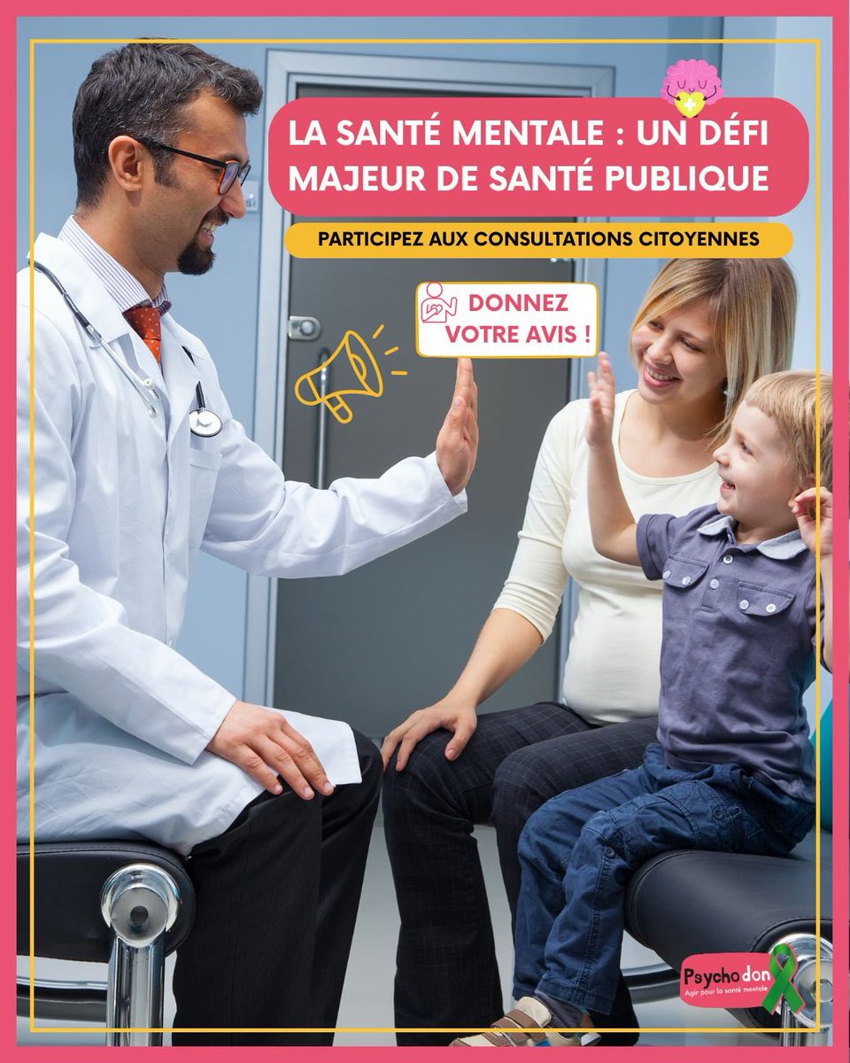 🧠✨ La santé mentale est un défi majeur de santé publique.
Les consultations citoyennes sont ouvertes : votre avis compte pour améliorer prévention, accompagnement et soutien.

👉 Participez &amp; faites entendre votre voix.

🔗 psychodon.org/fnsm-consultat…

#Psychodon #SantéMentale