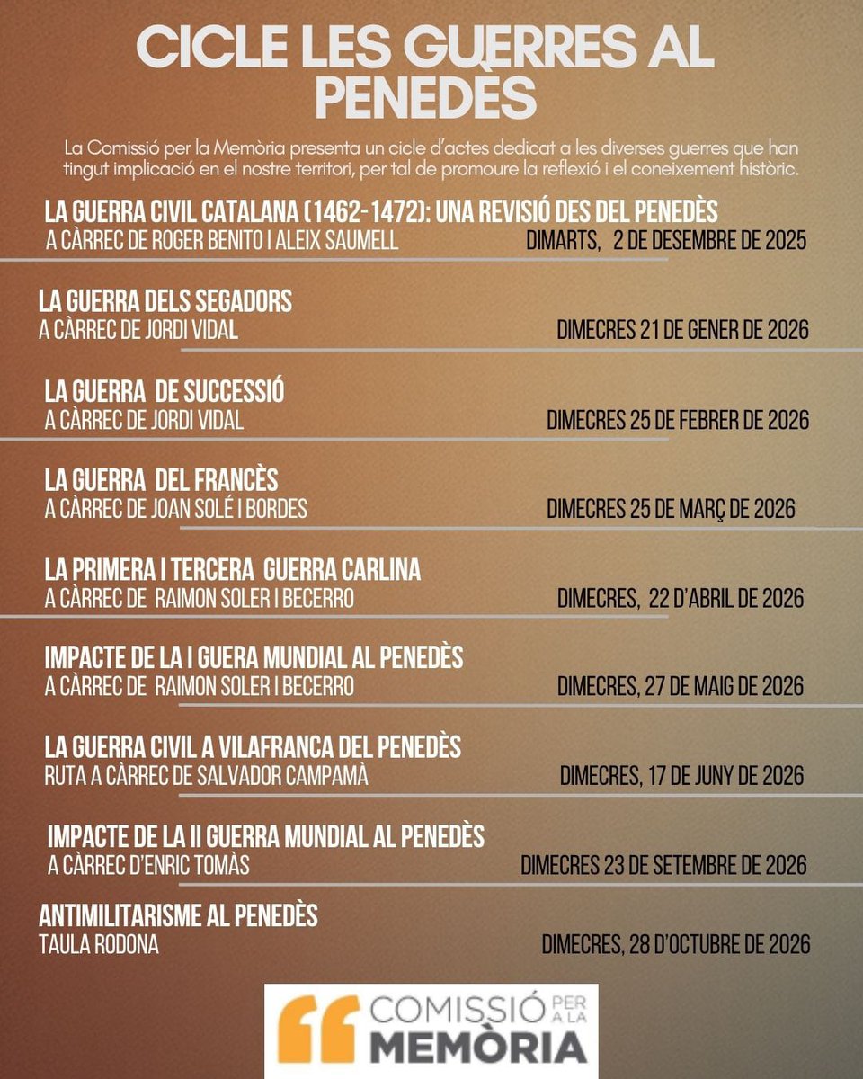 acaltpenedes's tweet image. El 2 de desembre a 2/4 de 8 de la tarda, s&apos;inicia a l&apos;Arxiu Comarcal el Cicle &quot;Les Guerres al Penedès&quot; que organitza la Comissió per a la Memòria de Vilafranca. Us compartim el cartell. #XAC #paisdarxius @patrimonigencat @VilafrancaAj @elcargolpenedes @LaFuraCoop @el3devuit