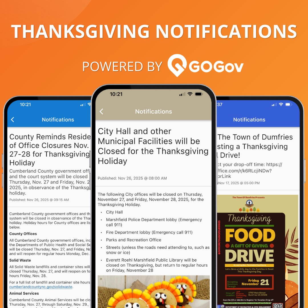 GOGovApps's tweet image. Last-minute Thanksgiving notifications made easy! 🍂 Whether it&apos;s adjusted garbage routes, tree lighting ceremonies, or holiday transit schedules, GOGov helps you keep residents informed across all channels. 

Learn more: bit.ly/4oOlHCs

#GovTech #LocalGov