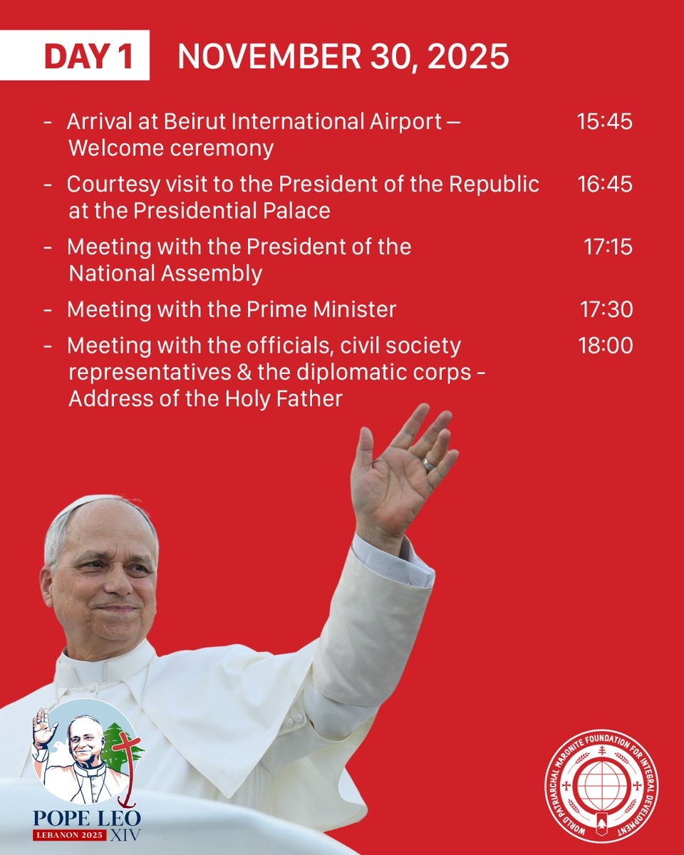 WPMFoundation's tweet image. لبنان بانتظار زيارة البابا ليون الرابع عشر من ٣٠ نوفمبر إلى ٢ ديسمبر بكل محبّة وأمل. انشالله حضوره ينوّر دربنا ويبلسم قلوب المقهورين ويزرع الرجا بقلوب المحزونين. أهلا وسهلا بابا السلام والوحدة قدومه بركة وسلامًا لوطننا الحبيب.  #PopeLeoInLebanon #vatican #WPF #شركة_ومحبة
