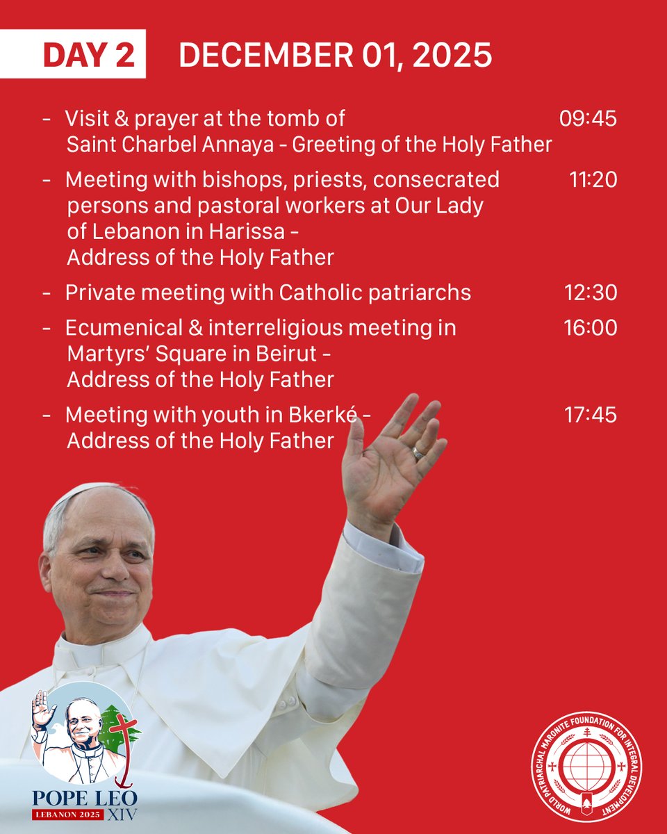 WPMFoundation's tweet image. لبنان بانتظار زيارة البابا ليون الرابع عشر من ٣٠ نوفمبر إلى ٢ ديسمبر بكل محبّة وأمل. انشالله حضوره ينوّر دربنا ويبلسم قلوب المقهورين ويزرع الرجا بقلوب المحزونين. أهلا وسهلا بابا السلام والوحدة قدومه بركة وسلامًا لوطننا الحبيب.  #PopeLeoInLebanon #vatican #WPF #شركة_ومحبة