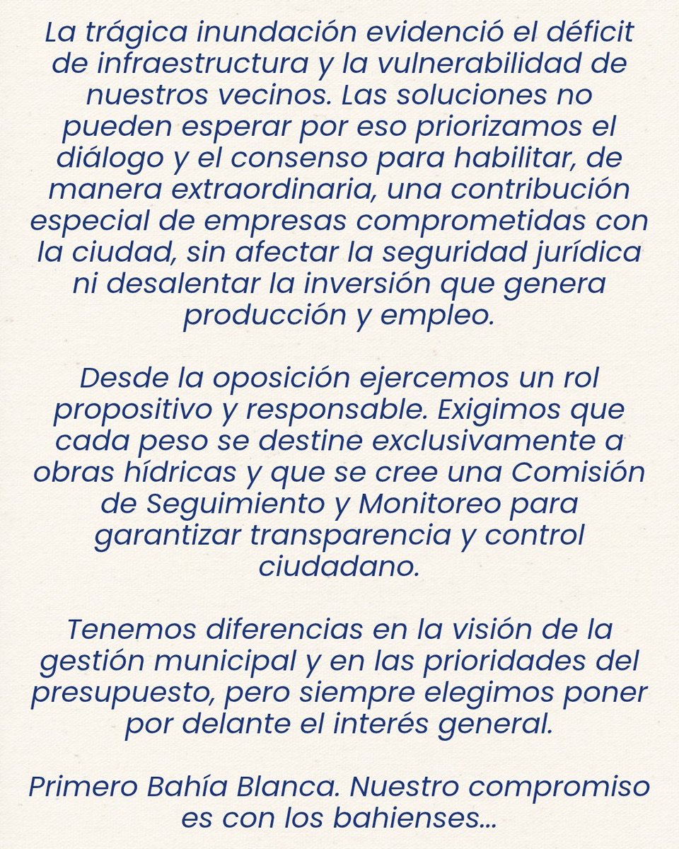 👉🏻Nuestro compromiso es con los bahienses.

❕Primero Bahía Blanca, siempre. 

#BahíaBlanca #compromiso #ciudad #inundación
#prioridades #Transparencia
