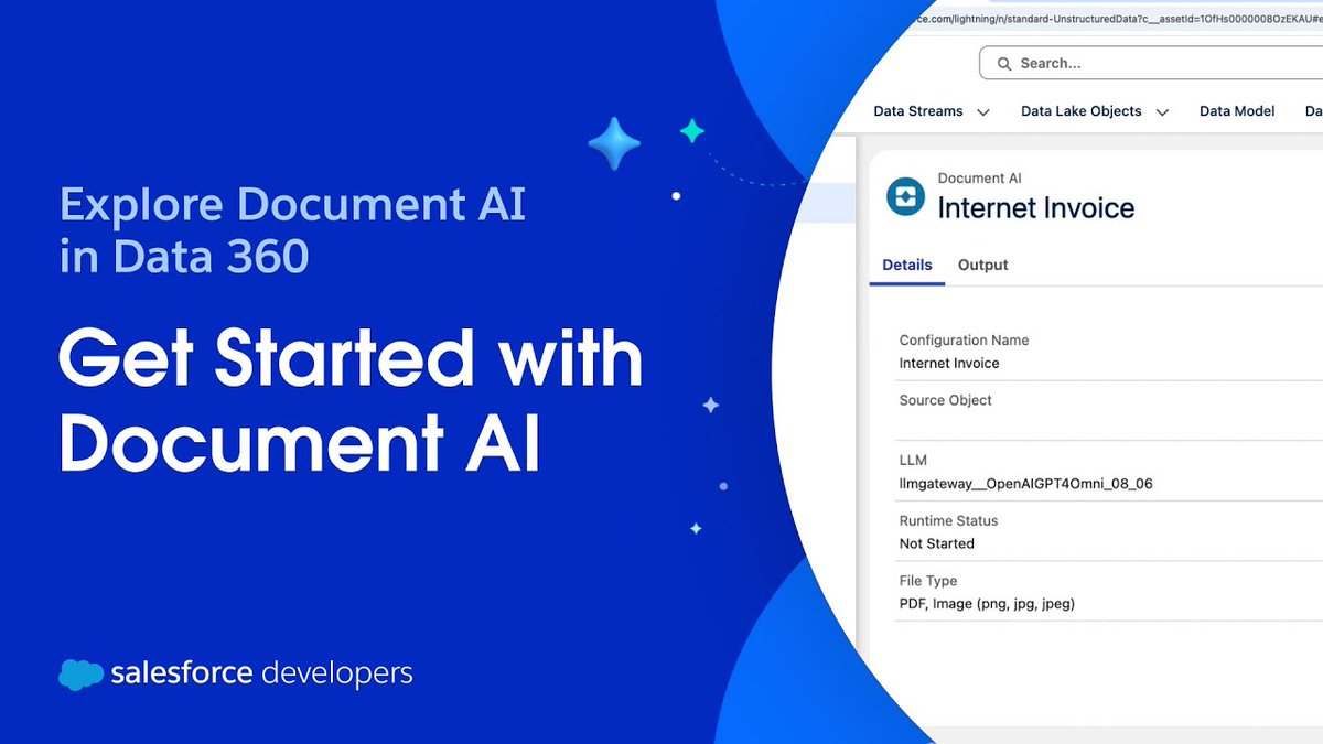 SalesforceDevs's tweet image. Turn data into actionable insights. 💡

Learn how to use Data 360&apos;s newest capability, Document AI, to extract data from unstructured documents like PDFs.

Watch the video: sforce.co/4inkKyE