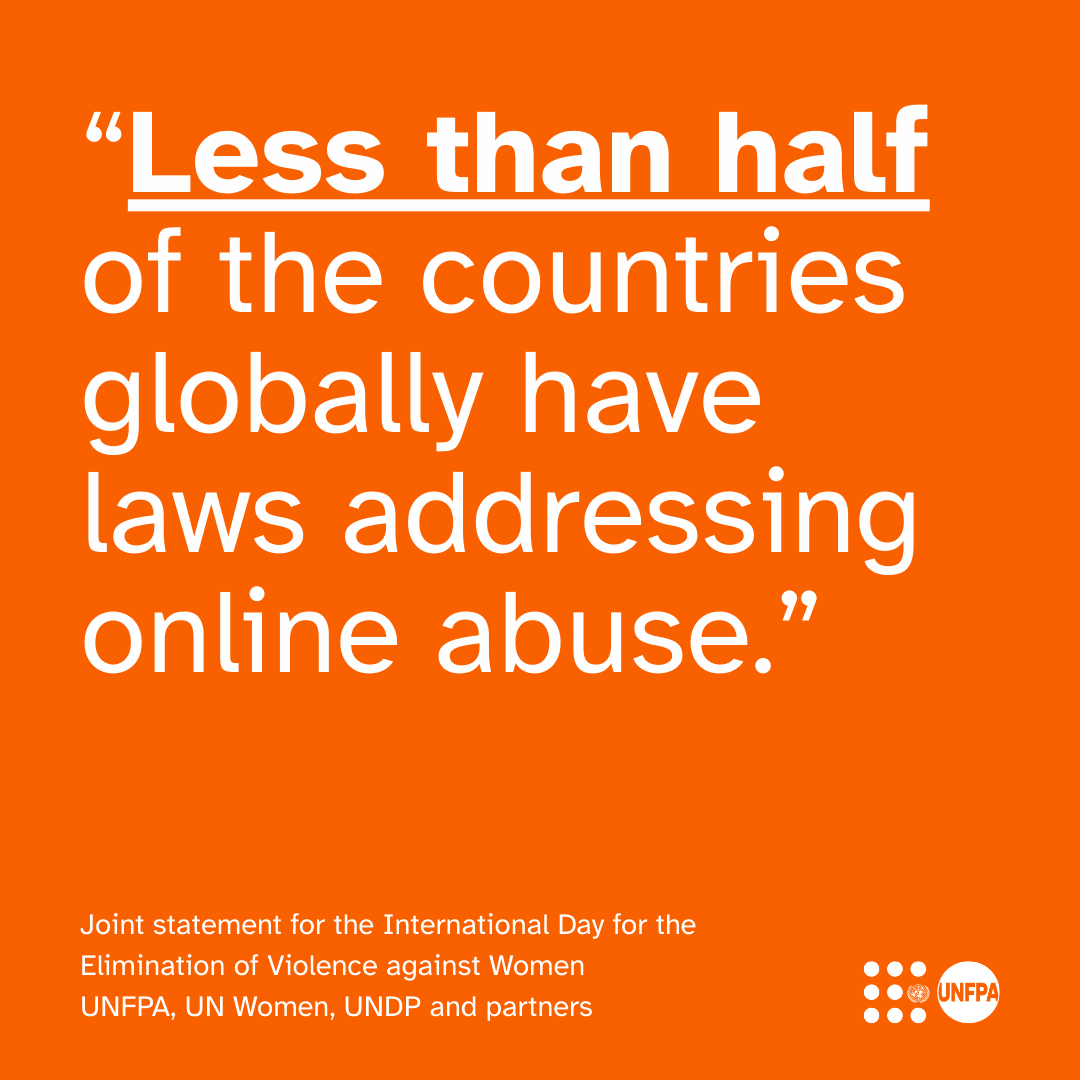 It’s time to reclaim digital and physical spaces and #ENDviolence against women and girls.

See <a href="/UNFPA/">UNFPA</a> and <a href="/UN_Women/">UN Women</a>'s statement for the International Day for the Elimination of Violence against Women calling for governments and tech companies to do more: unf.pa/cta