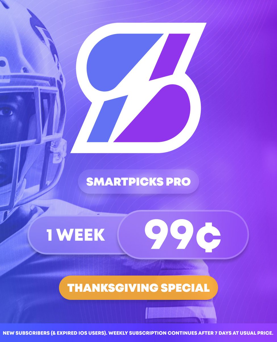 SmartPicksPro's tweet image. 🚨 THANKSGIVING 99¢ FLASH SALE 🚨

Get a week of Pro for just $0.99 💸
Every Market. Every Feature. ✅

Use code THANKSGIVING

🔓 Claim now: flashpicks.bet/99