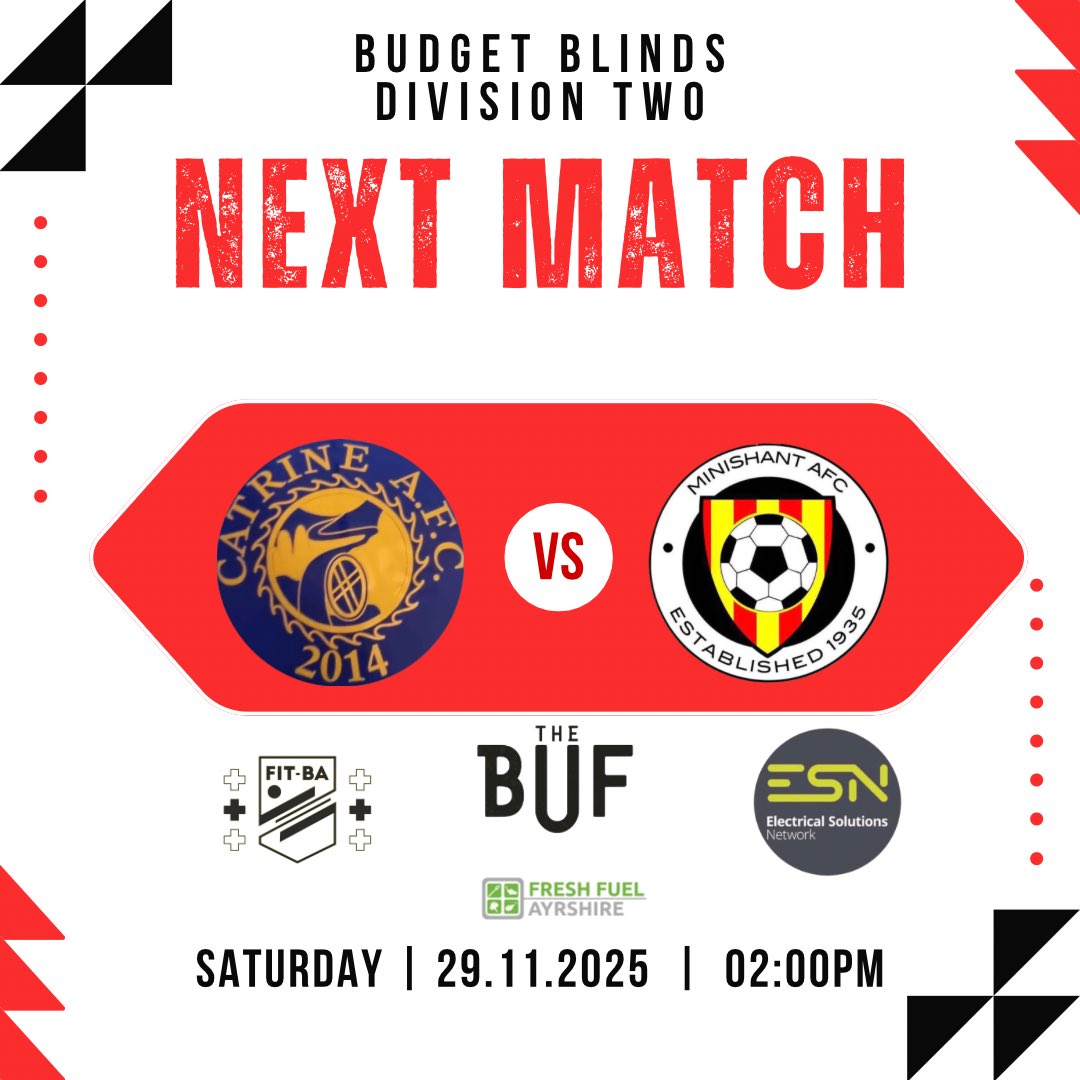 Here we go!🔥⚽ 

The Shant are on their travels to Riverside Park this weekend to take on Catrine AFC.

🏆Budget Blinds Division Two
🆚Catrine AFC
🗓️Saturday, 29 November 2025
📍Riverside Park, Catrine, KA5 6SG
🕑14:00 Kick off 

All support welcome

🔴🟡MTS🔴🟡