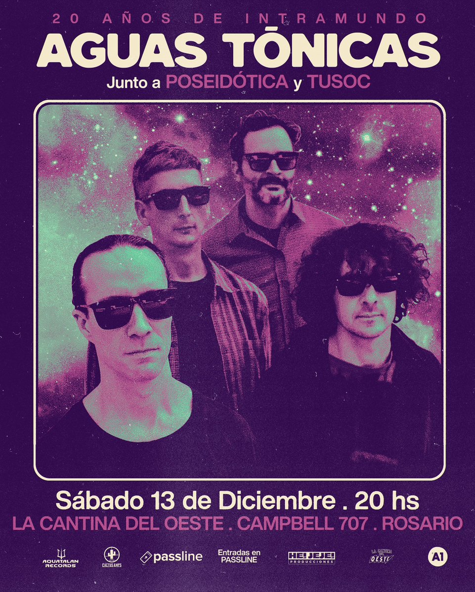 🚤 13/12 EN ROSARIO 🚤
<a href="/Aguastonicas/">Aguas Tónicas</a> serán junto a Tusoc los compañeros de viaje para la única celebración en Rosario por el 20° aniversario de "Intramundo", nuestro álbum debut lanzado en el 2005 ⛑️
💥🎫💥 Aún pueden conseguir la primera tanda de tickets passline.com/eventos/poseid…