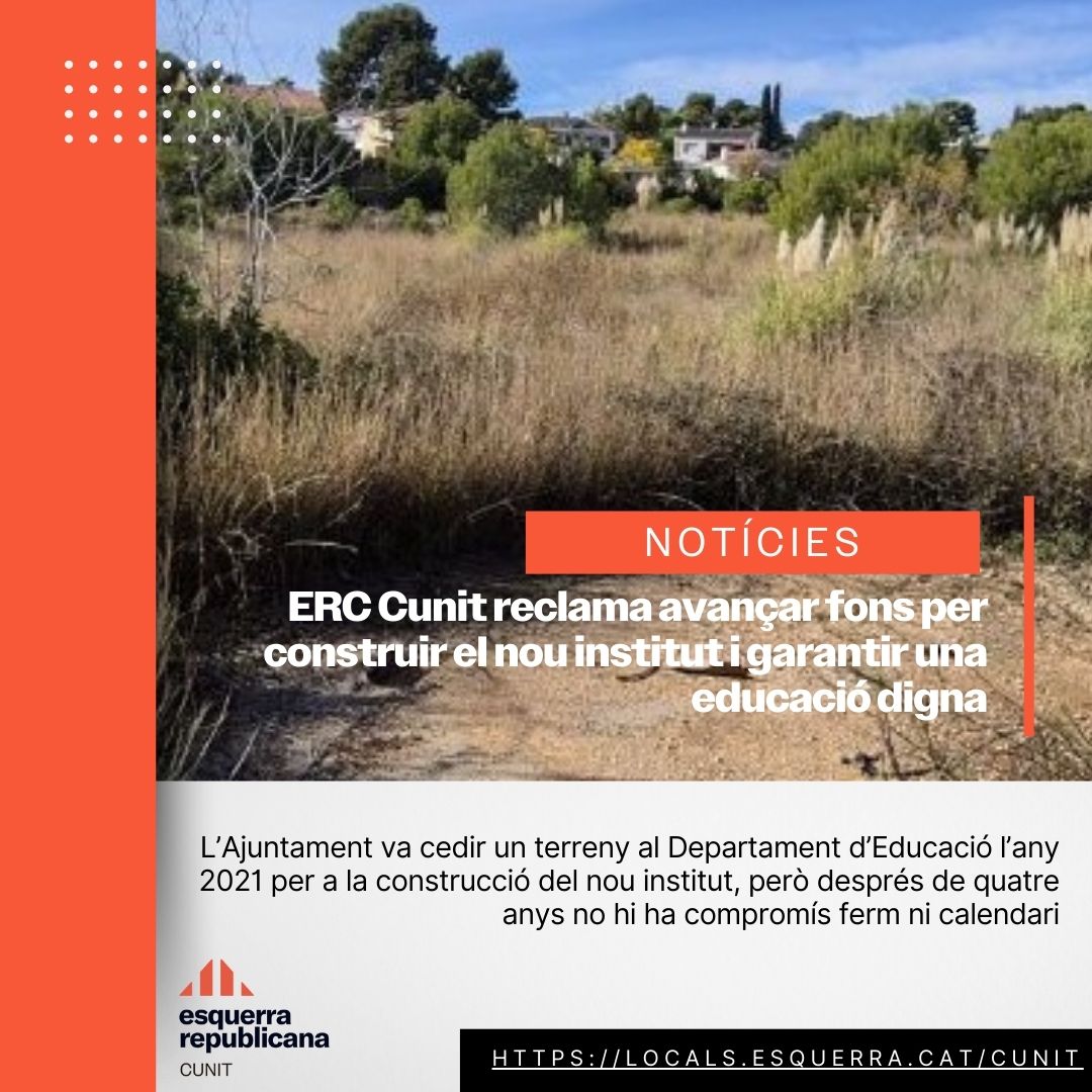 ErcCunit's tweet image. 📚 Cunit necessita un nou institut ja.
Aquest dijous, des d’@ERCCunit proposem al Ple que l’Ajuntament avanci els fons per iniciar les obres, amb retorn posterior de la Generalitat.
💛 L’educació digna no pot esperar.
👇
locals.esquerra.cat/cunit/article/…