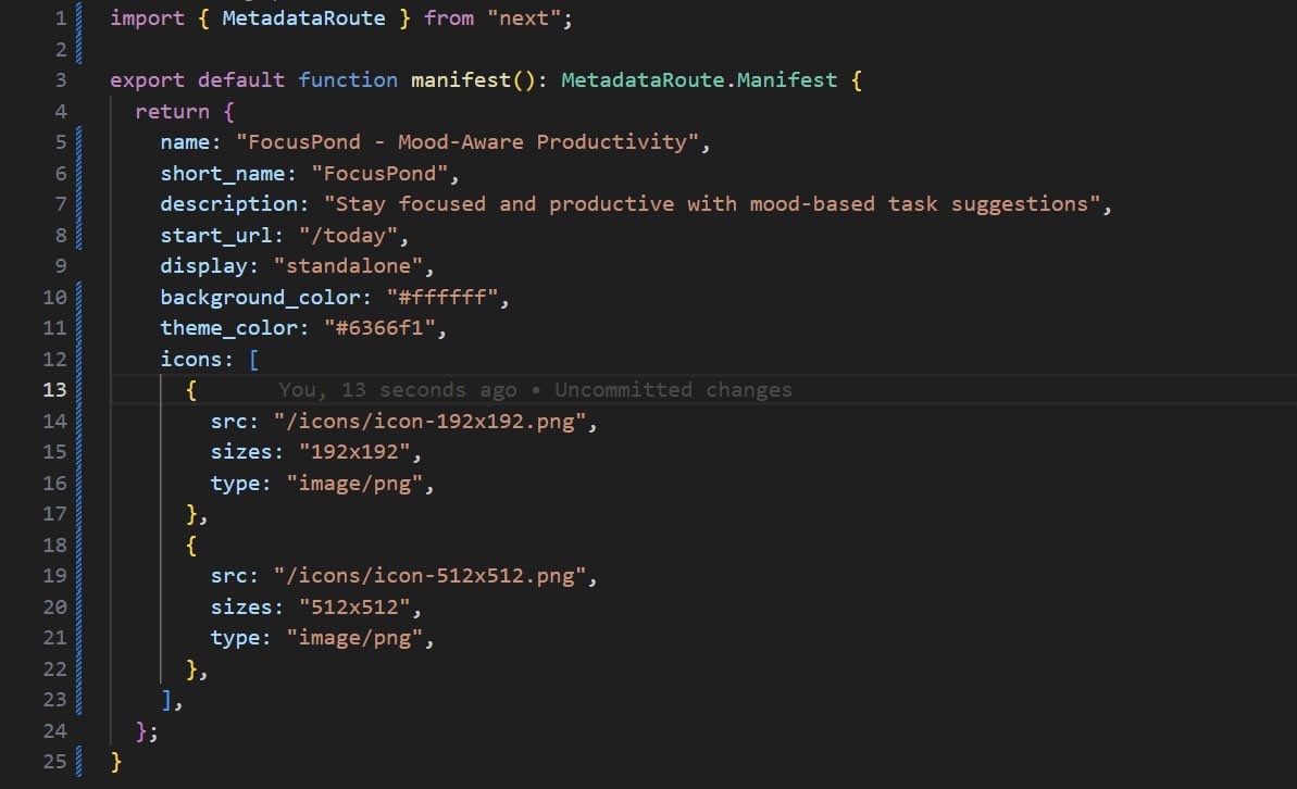 filix_lillyann's tweet image. Landing page: Done ✅
Market research: Done ✅

Now building Focuspond as a PWA

Today I:
• Set up routing
• Added the web manifest (PWA metadata)
• Set up offline storage using Dexie (IndexedDB)

Here’s a quick peek at the manifest 👇

#buildinpublic #PWA #NextJS