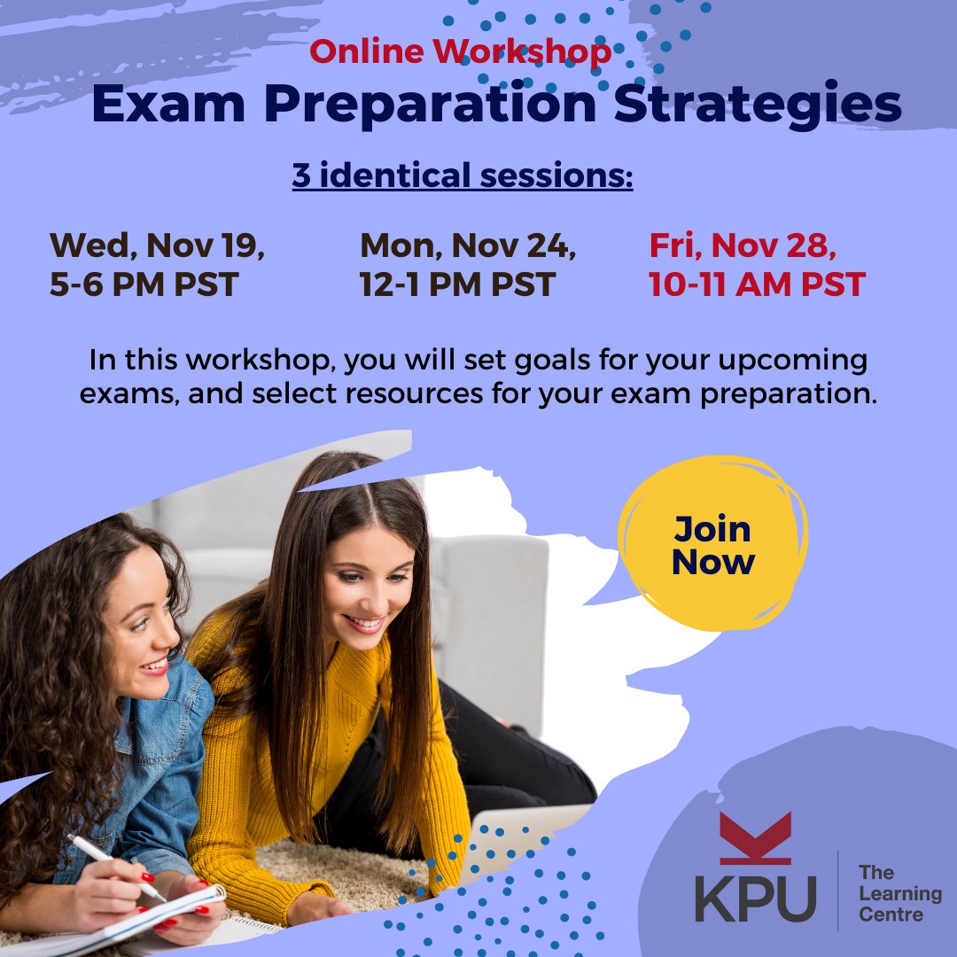 TLCKPU's tweet image. Join the workshop to get ready for your next exam by setting goals, predicting potential questions, applying study questions for deep learning, and coming up with a realistic study schedule to reduce your stress.

Register now at kpu.ca/learningcentre…