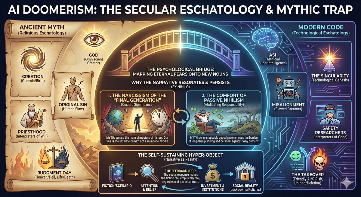DaveShapi's tweet image. At first glance, the modern fixation on artificial intelligence causing the apocalypse appears to be a rigorous concern born from computer science and game theory. We are told it is a matter of misalignment, of instrumental convergence, and of recursive self-improvement that…
