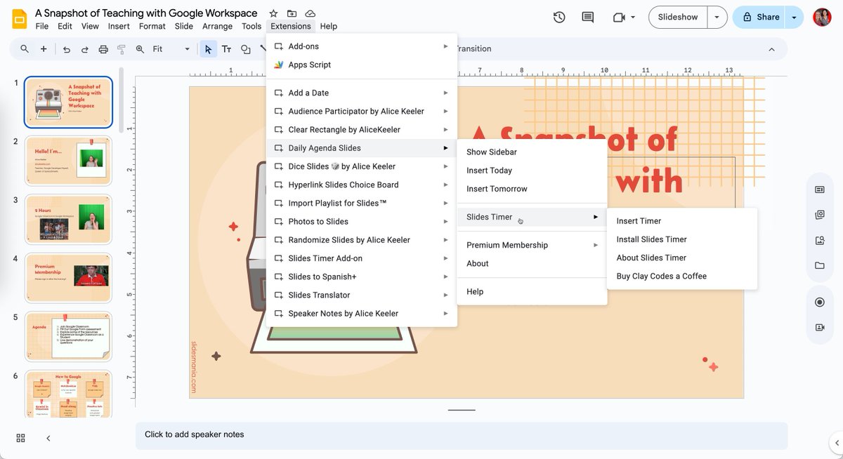 alicekeeler's tweet image. Daily Agenda Slides is in all of your Google Slides (if you install it)

Add a timer to your slides using @claycodes Slides Timer

workspace.google.com/marketplace/ap…  

#GoogleWorkspace #GoogleEDU