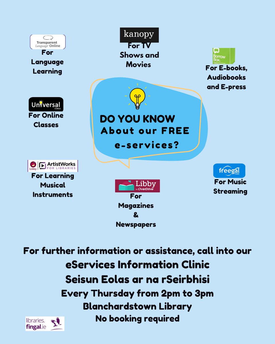 fingallibraries's tweet image. Join us in Blanchardstown library on Wednesdays from 2pm-3pm for our E-Services information clinic. Come along and chat to one of our staff about the range of services available with your library card. No booking required!
@fingalcoco @eventsinfingal @librariesirl