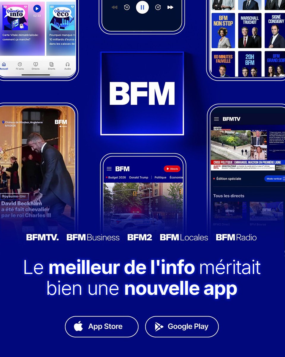 ✨ Nouvelle app BFM ! ✨
Toute l’info BFM est désormais dans une seule application.
Direct, vidéos, locales, éco, météo, podcasts… Votre actu en temps réel, où que vous soyez.
📲 Téléchargez l’app BFM ▶️ l.bfmtv.com/q0kL