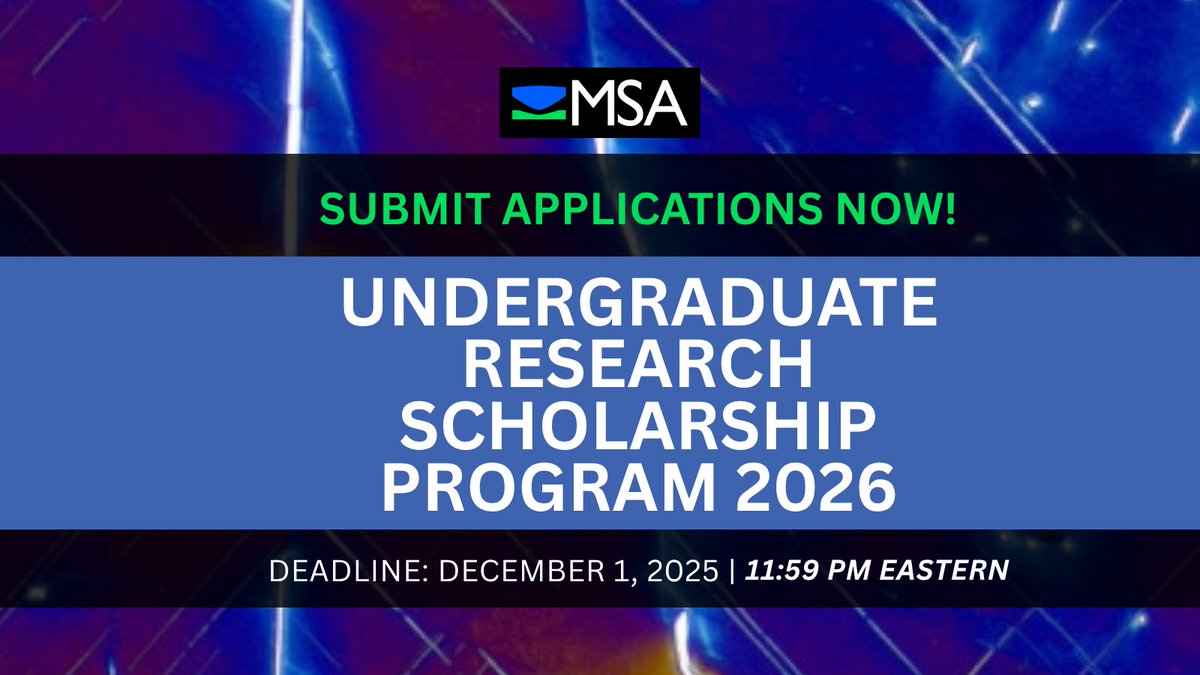 MicroscopySoc's tweet image. Are you an undergraduate conducting microscopy-based research? Apply for MSA’s Undergraduate Research Scholarship Program and receive up to $3,000 for research support, stipends, or limited travel.

Apply by this Monday (Dec 1): microscopy.org/undergraduate-…
#MSA #Microscopy #STEM