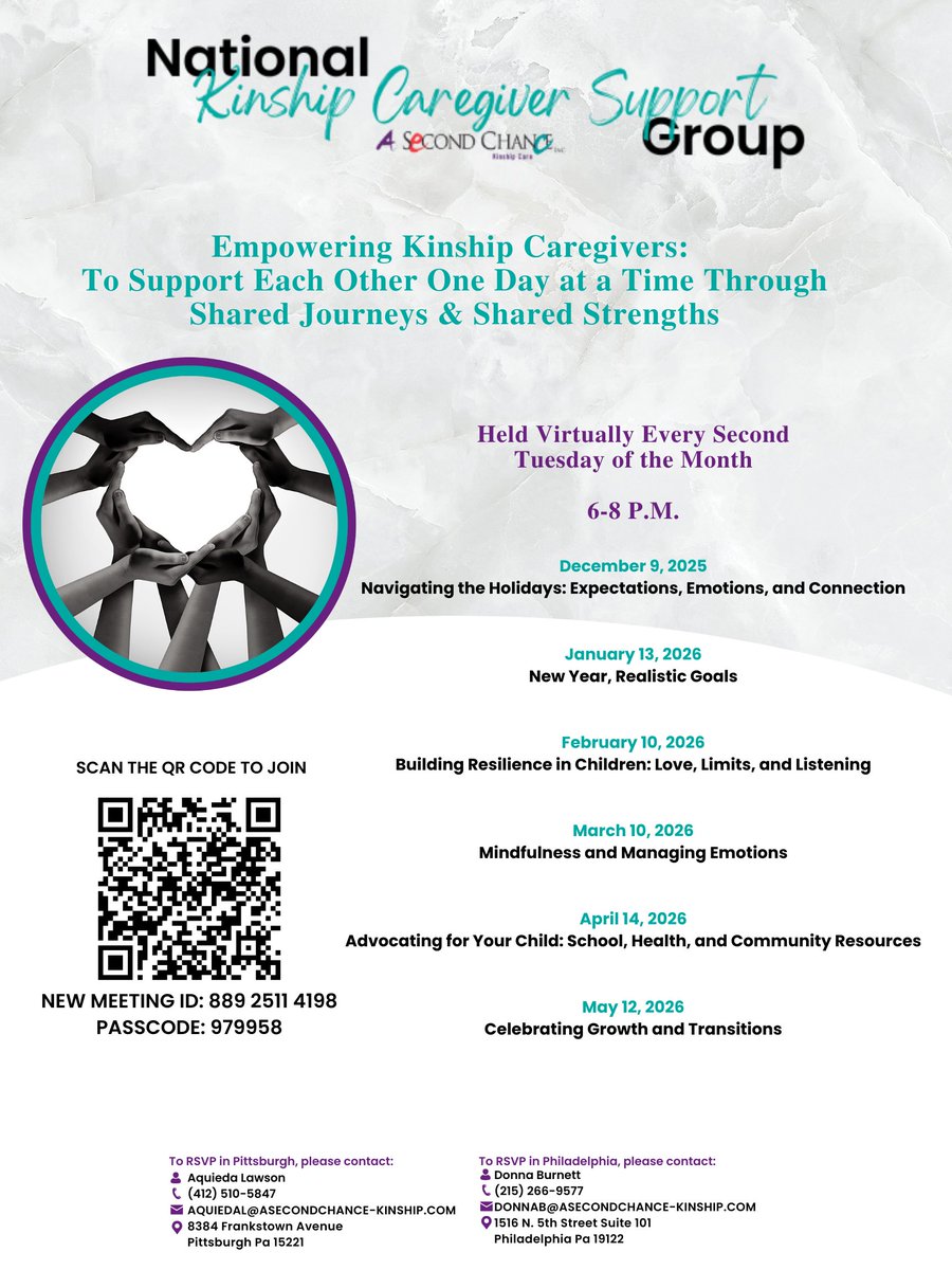 ASCI_Kinship's tweet image. Join us for our National Kinship Caregiver Support Group on December 9th! 🌟 Let’s continue to empower one another one day at a time. Together, we’re stronger! 💪  Save the date for our future sessions!

#KinshipCaregiving #SupportGroup #NewPossibilities #CaregiverCommunity