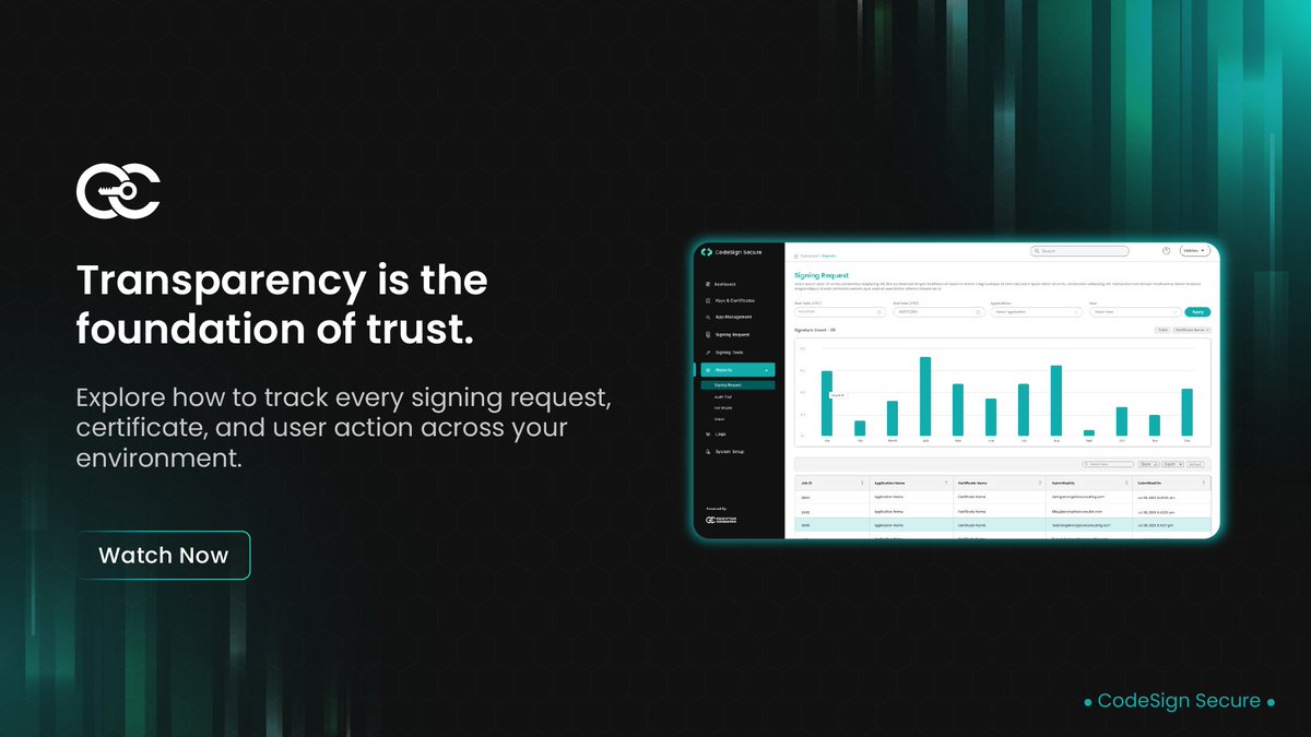 encryptioncons's tweet image. This video walks through the Reports section of CodeSign Secure, showcasing how organizations can view, filter, and export detailed reports of all code signing activities. It explains how the Signing Requests, Audit Trail, Certificates, and Clients tabs work together to provide a…