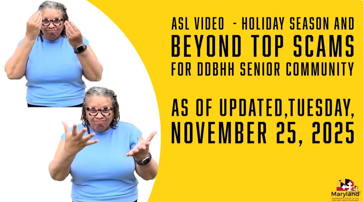 Holiday Scam Alert! Be extra vigilant! Scammers peak during the holidays.
IRS tips for common scams: ow.ly/RxiJ50XyjqS
For Deaf &amp; Hard of Hearing, watch this ASL video from <a href="/MDGOVODHH/">MD Governor's Office of the Deaf & Hard of Hearing</a>: ow.ly/YeZt50XyjqR
Stay safe! Learn more: aging.maryland.gov/Pages/ScamsFra…
#ASL #MDOA #SCAMS