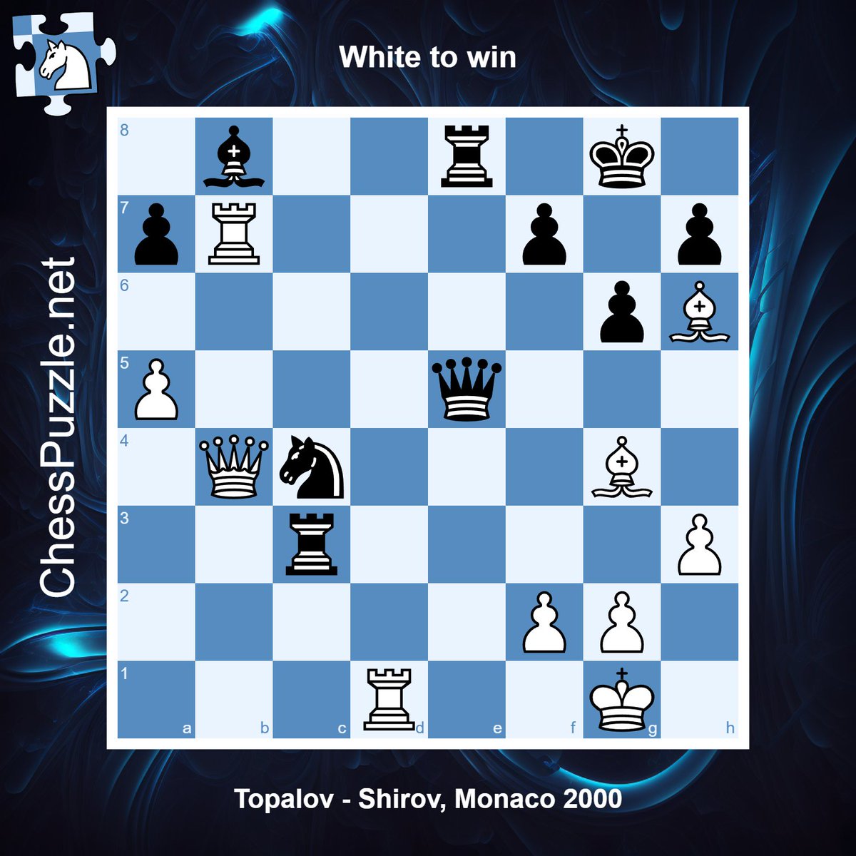 Chesspuzzle_net's tweet image. Daily #chess puzzle with an exciting position from a game between Topalov and Shirov: chesspuzzle.net/Puzzle/26199