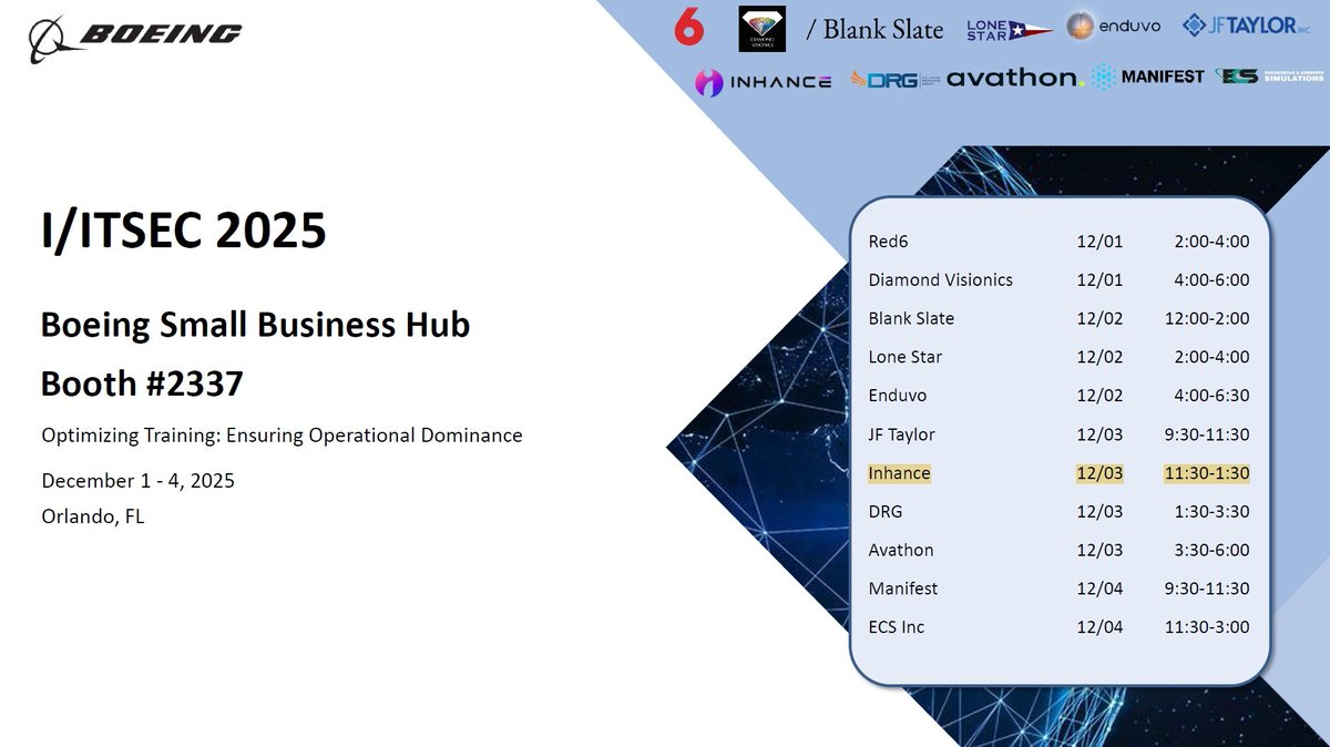 Inhance is joining Boeing’s Small Business Hub at I/ITSEC 2025. We’ll be in Booth 2337 on December 3 from 11:30–1:30, showcasing the work our team is doing to push simulation, training, and mission-ready solutions forward. #IITSEC2025 #Simulation #TrainingInnovation #AI