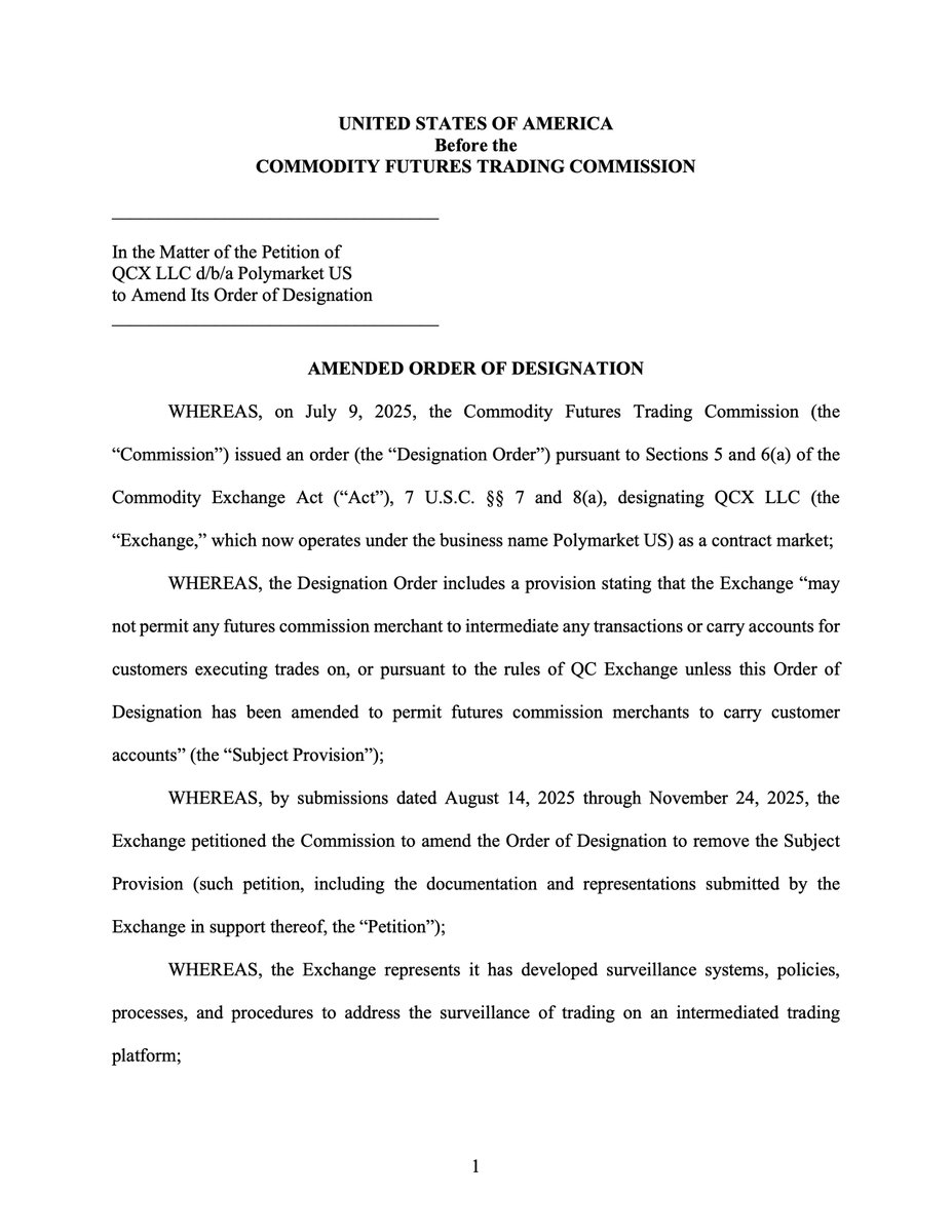ryanpcooley's tweet photo. On Monday the CFTF quietly greenlit Polymarket US 🚀 

They amended Polymarket US’s DCM order, removing the ban on FCM-intermediated accounts

U.S. brokerages will soon be able to route users into Polymarket’s rails. Get ready. https://t.co/IDNhHBldLf