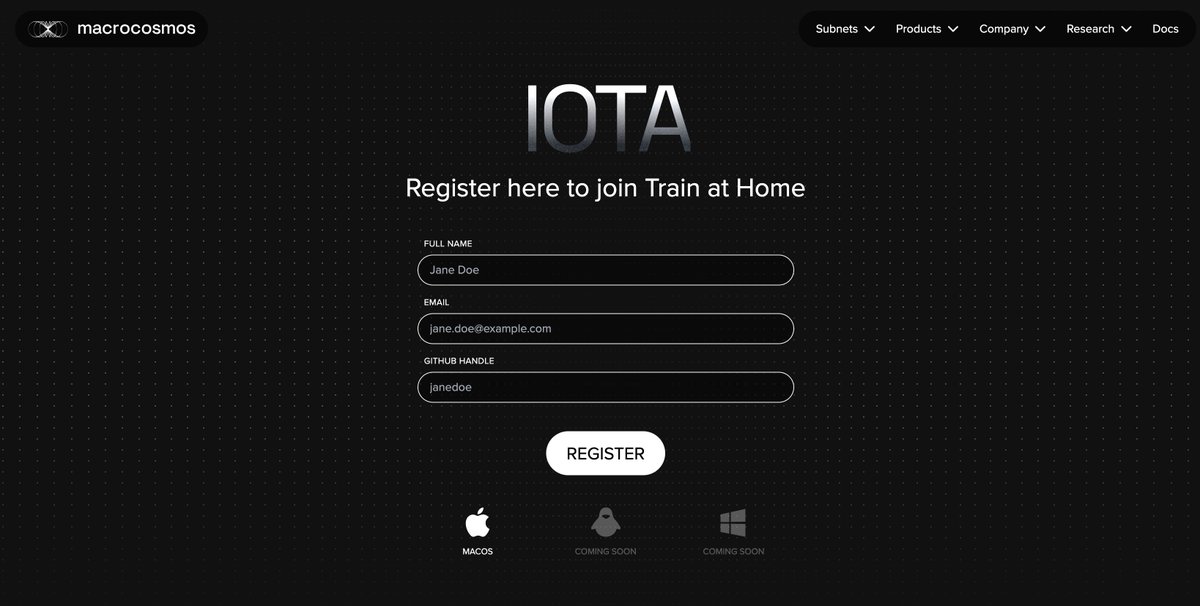 MacrocosmosAI's tweet image. Contribute Compute.

Register now, and become part of the @IOTA_SN9 distributed training future.

No code setup, no complex machinery. All you need is a Macbook and a Bittensor wallet.

Coming soon.