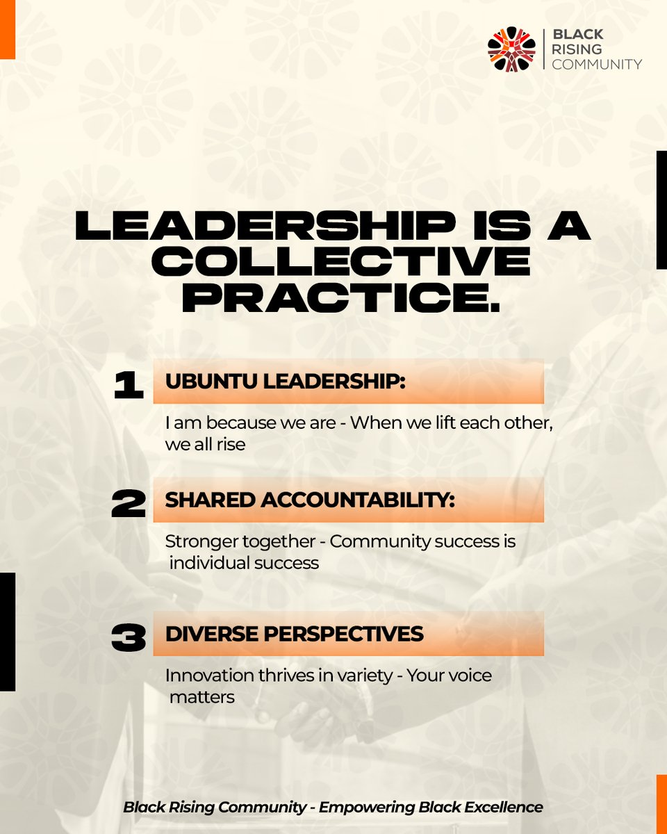 BRC_Africa's tweet image. Leadership isn&apos;t built alone. It&apos;s forged in community.

3 principles:
1. Ubuntu - I am because we are
2. Shared accountability drives results
3. Diverse perspectives = innovation 

What has being part of a community taught you about leadership?
#BlackExcellence #Leadership #BRC