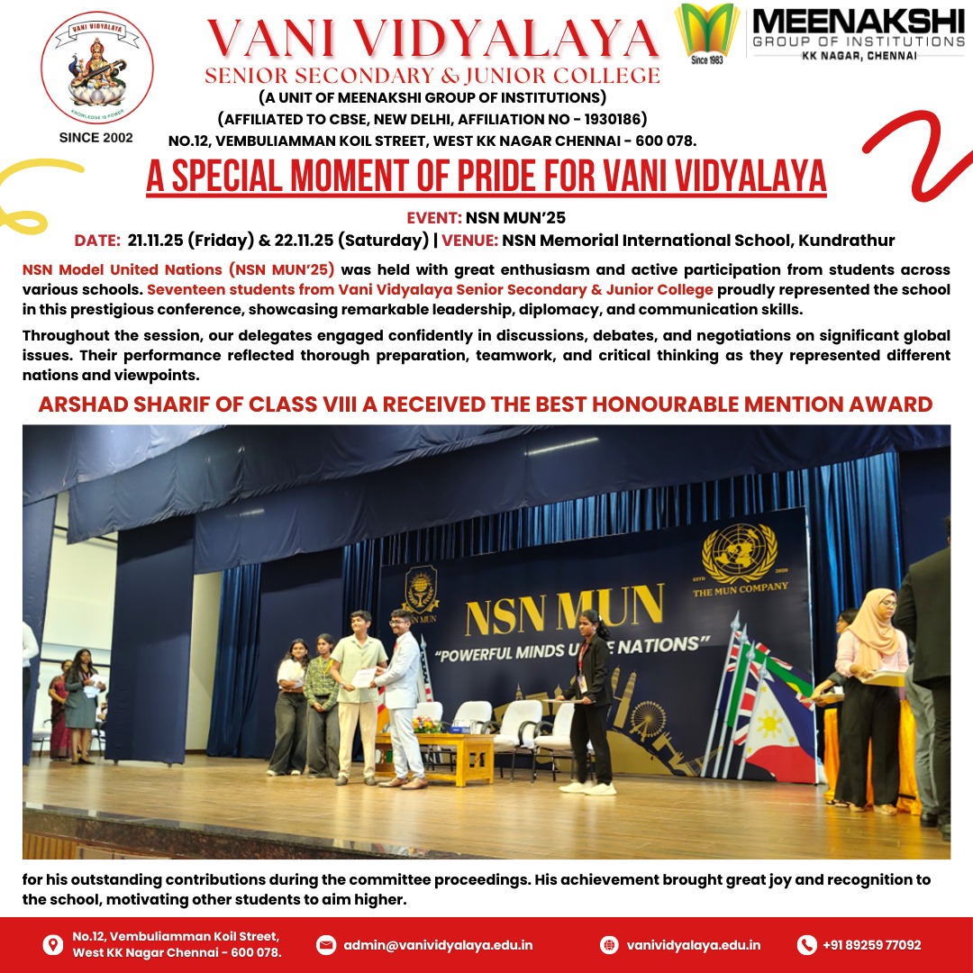 vani_vidyalaya's tweet image. Vani Vidyalaya proudly celebrates its NSN MUN’25 success, winning the Best Honourable Mention and 2nd Best School Award among 13 schools!

#VaniVidyalaya #NSNMUN25 #ModelUN  #StudentAchievement #BestSchoolAward #YoungDelegates #AcademicExcellence #MUNConference #InspiringStudents