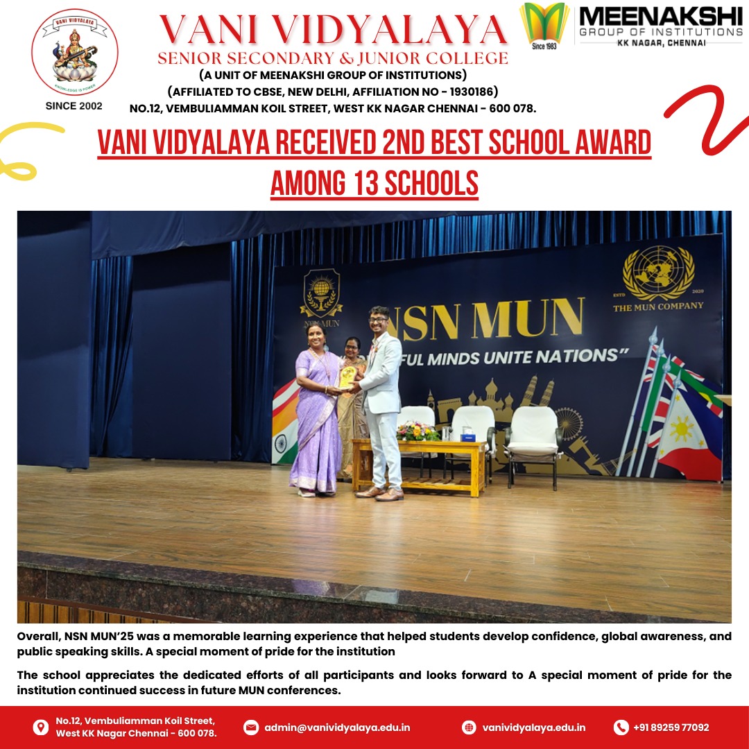 vani_vidyalaya's tweet image. Vani Vidyalaya proudly celebrates its NSN MUN’25 success, winning the Best Honourable Mention and 2nd Best School Award among 13 schools!

#VaniVidyalaya #NSNMUN25 #ModelUN  #StudentAchievement #BestSchoolAward #YoungDelegates #AcademicExcellence #MUNConference #InspiringStudents