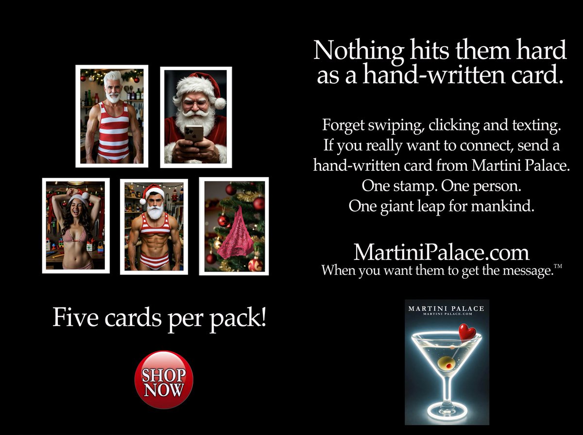 Just one of the hand-written, high quality cards in a five pack at MartiniPalace.com #art #card #social #romance #christmas Get noticed for the price of a stamp!