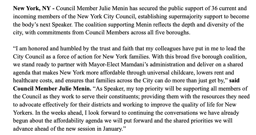 createcraig's tweet image. NEW: Councilwoman Julie Menin says she&apos;s locked up a majority of lawmakers in her bid to be the next speaker,  with 36 members backing her