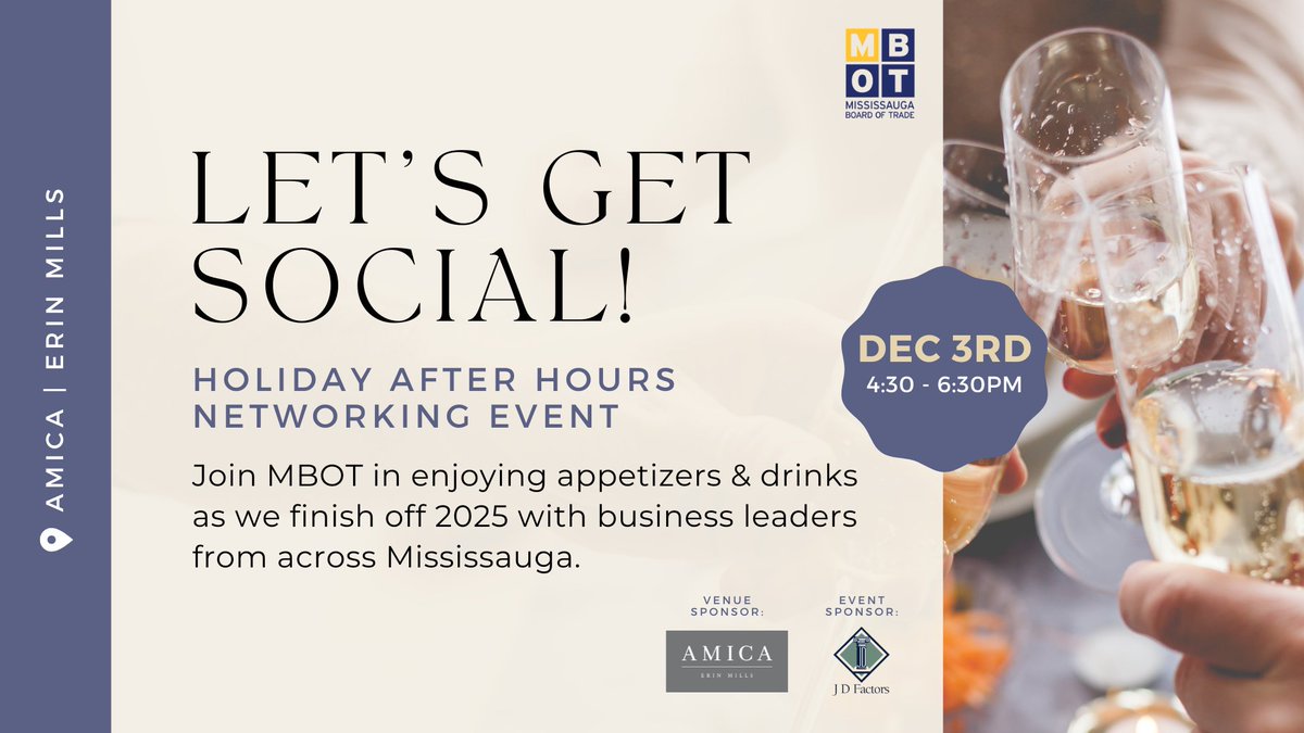 MBOTOntario's tweet image. 1 Week Away! #MBOT’s last social networking event for the year is officially here! Join us on Wednesday, December 3rd, to enjoy appetizers &amp;amp; drinks as we finish off 2025 by connecting with business leaders from across #Mississauga.

Reserve your seat: ow.ly/QC3V50Xx64U