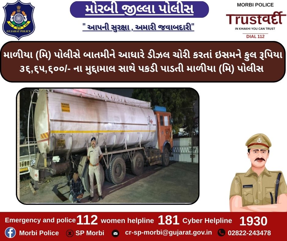 માળીયા (મિ) પોલીસે બાતમીને આધારે ડીઝલ ચોરી કરતાં ઇસમને કુલ રૂપિયા ૩૬,૬૫,૬૦૦/- ના મુદ્દામાલ સાથે પકડી પાડતી માળીયા (મિ) પોલીસ <a href="/CMOGuj/">CMO Gujarat</a> <a href="/GujaratPolice/">Gujarat Police</a> <a href="/sanghaviharsh/">Harsh Sanghavi</a> <a href="/GujaratPolice/">Gujarat Police</a> <a href="/dgpgujarat/">DGP Gujarat</a>