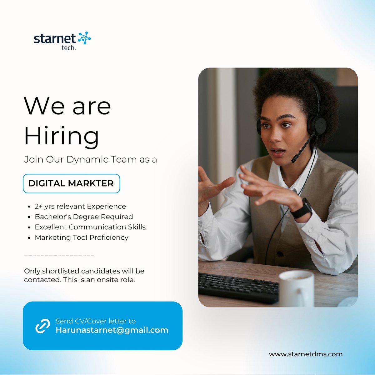 WE ARE HIRING 📢
instagram.com/reel/DOqX2AdiD… for more details 

Please submit your cover letter and professional portfolio directly to: harunastarnet@gmail.com.