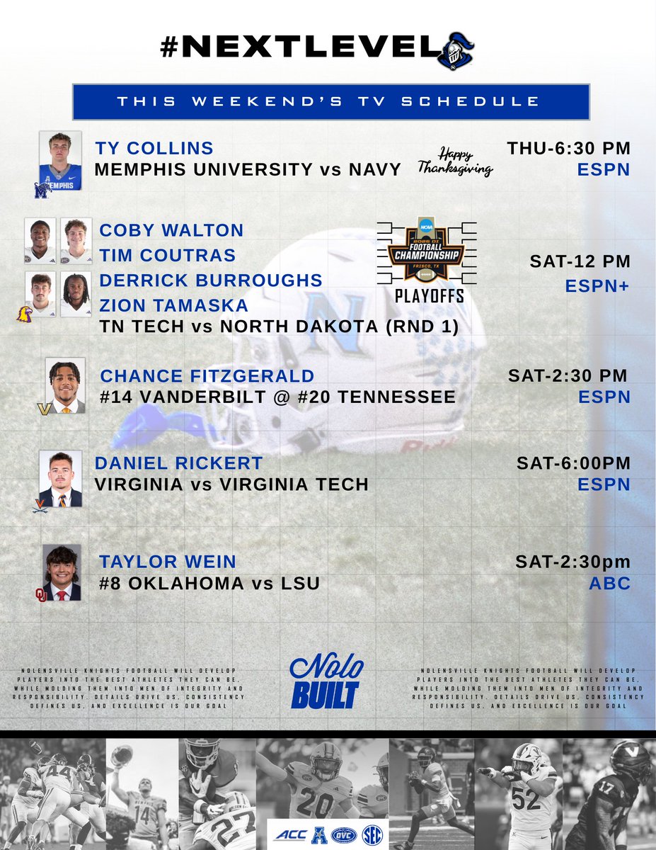 wcsNHSFootball's tweet image. Thanksgiving/Rivalry Week Edition of #NextLevelKnights ! We have a HUGE one with @TNTechFootball is hosting a playoff game this weekend! Good luck to all of our #AlumKnights !

#NoloBuilt #Thanksgiving