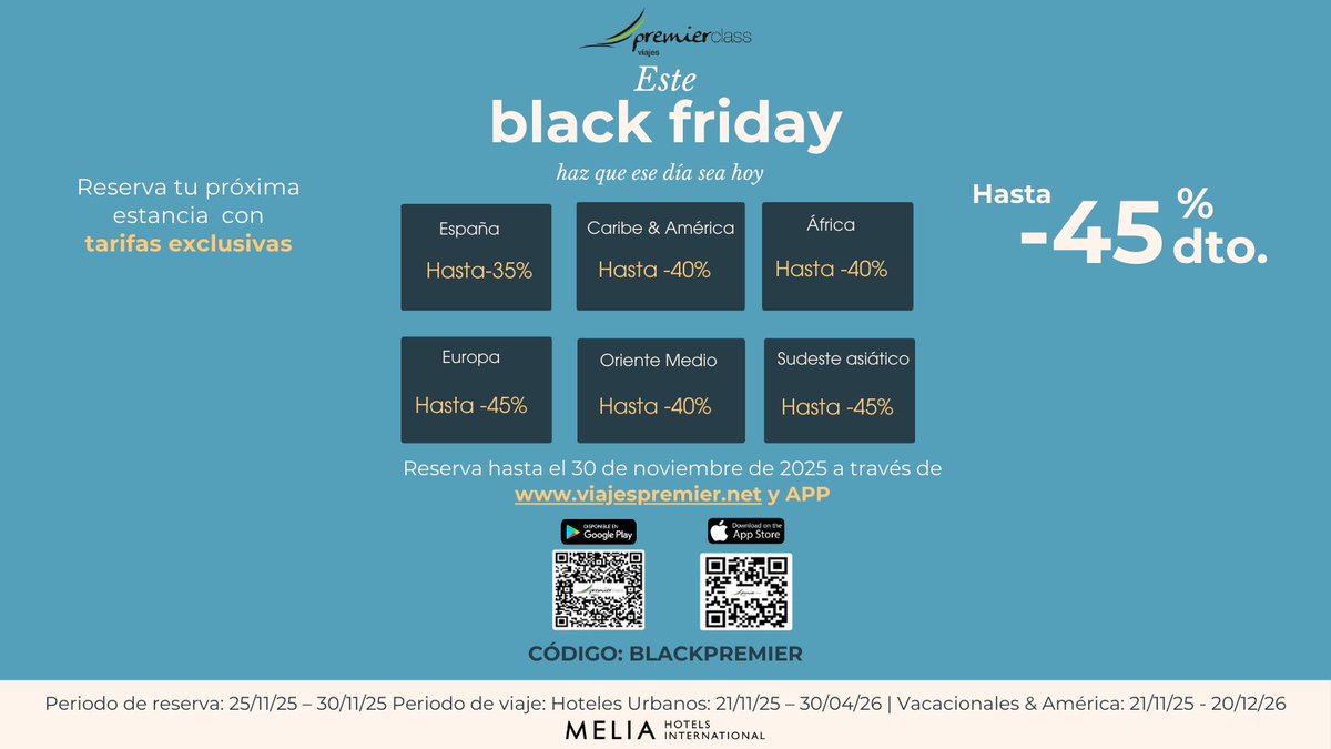 Black Friday activado 🚀
✈️Viajes con hasta -45% de descuento en tus destinos favoritos: Europa, Caribe, Asia, África…
Código: BLACKPREMIER
👉viajespremier.net/hoteles